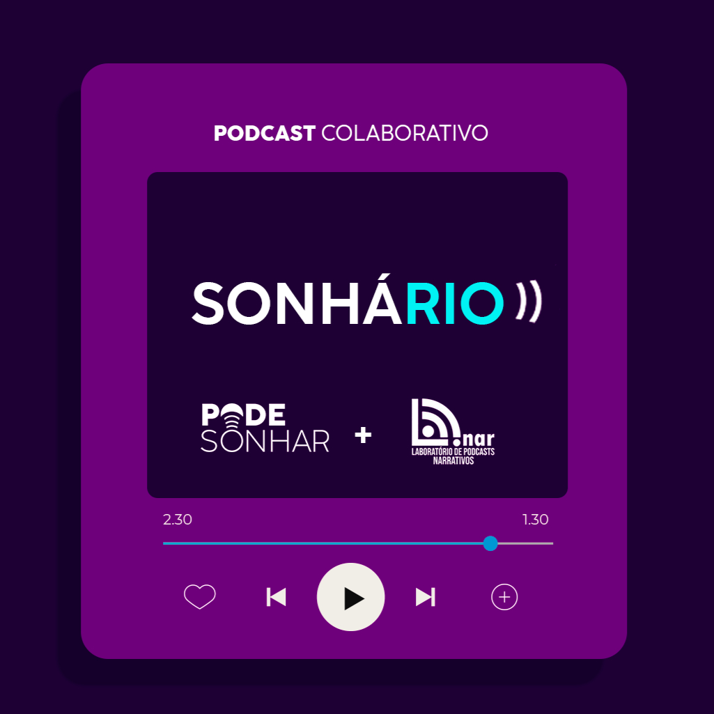 Capa do podcast Sonhário, nas cores roxo e turquesa, com as marcas Pode Sonhar e Lunar